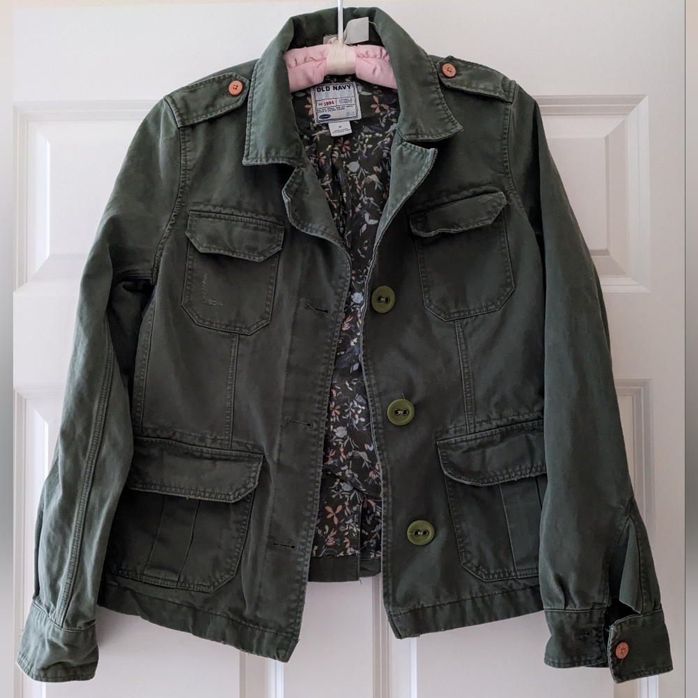 Old Navy jacket Olive Green military aesthetic M pockets distressing - Picture 8 of 10